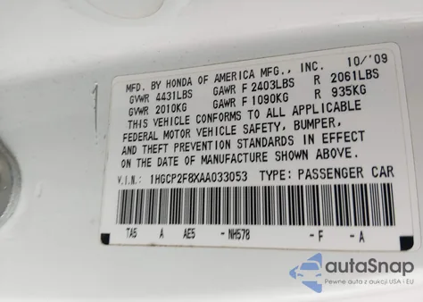 2010 Honda Accord 2.4 Ex-L из США, поврежденный, VIN 1HGCP2F8XAA033053